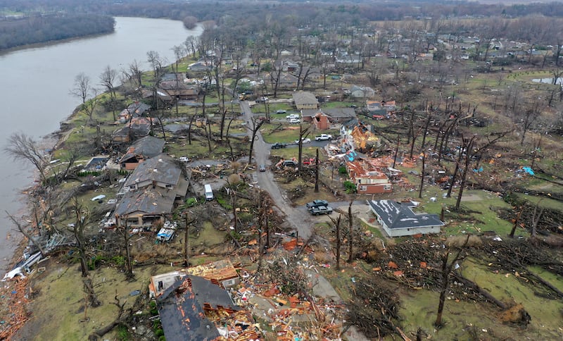 An aerial view of the storm damage along Elmwood Drive on Wednesday, March 11, 2026 in Aroma Park.