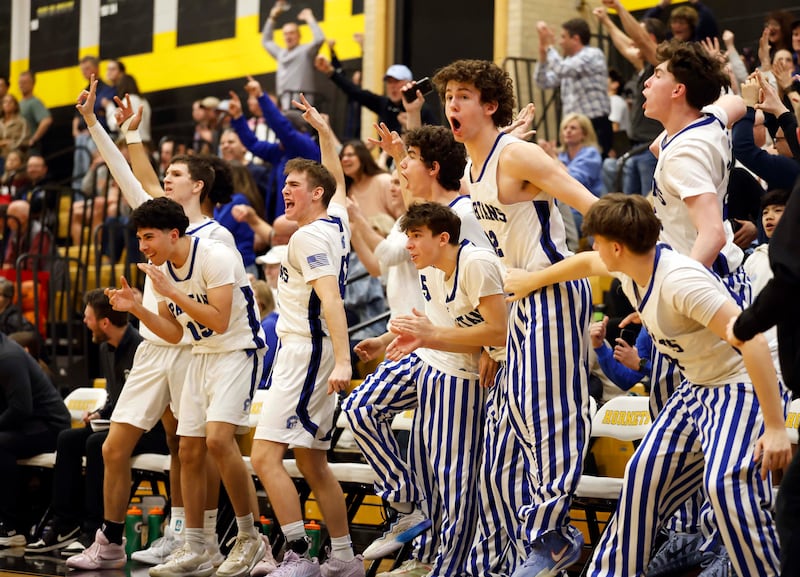 St. Francis' bench explodes after taking a definitive lead against Wheaton Academy in overtime during the IHSA Boys Class 3A Sectional Championship basketball game Friday, March 6, 2026 at Hinsdale South High School in Darien.