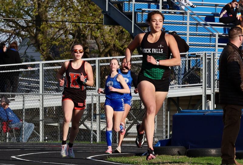 Rock Falls' Ariel Hernandez leads the 3,200 in Monday's Ferris Invite at Princeton. She finished first.