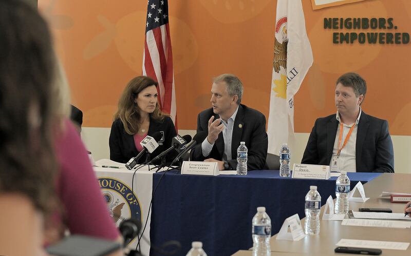 Congressman Sean Casten speaks at a round table discussion hosted by Congressman Bill Foster concerning the recently passed Big Beautiful Bill Act at the Northern Illinois Food Bank in Geneva on Thursday, July 10, 2025.