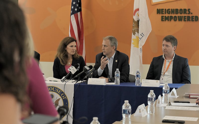 Congressman Sean Casten speaks at a round table discussion hosted by Congressman Bill Foster concerning the recently passed Big Beautiful Bill Act at the Northern Illinois Food Bank in Geneva on Thursday, July 10, 2025.
