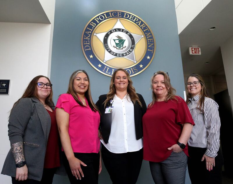 (From left) Cassie Hill, police social worker BA, Aracely Carrillo, police social worker BA, Bridgette Maurino, crisis manager licensed clinical social worker, Megan Nolan, police social worker licensed social worker and Ashley Maki, team lead licensed clinical social worker, Wednesday, May 8, 2025, at the DeKalb Police Department.
