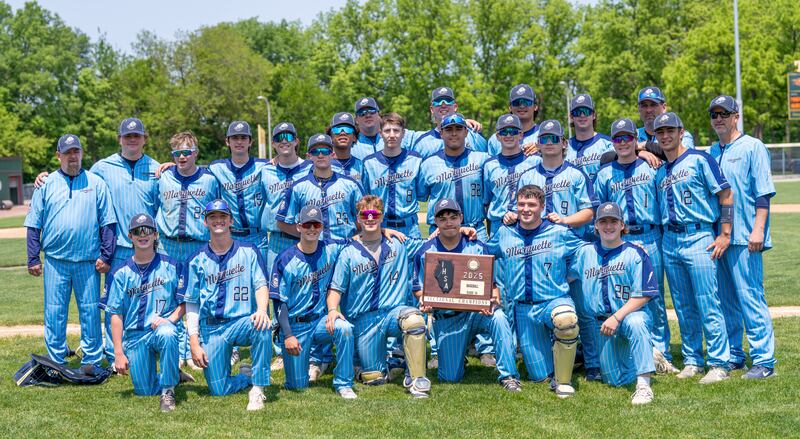Marquette players and coaches pose for a team photo with their IHSA 1A Sectional trophy plaque at Trout Park in Elgin, IL on Saturday May 31st, 2025. Both teams competed to take home the 1A Sectional Championship Trophy. Final Score: Marquette 5, Aurora Christian 1