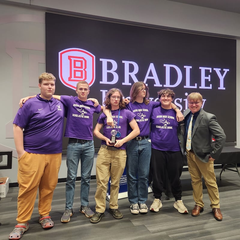 Dixon High School Scholastic Bowl Team members include Ronin Quick, Gage Farster, Jayden Toms, Nathan Stauter, Brady Rosinksi and Trevor Nigus of PAWAC, sponsors of the tournament.