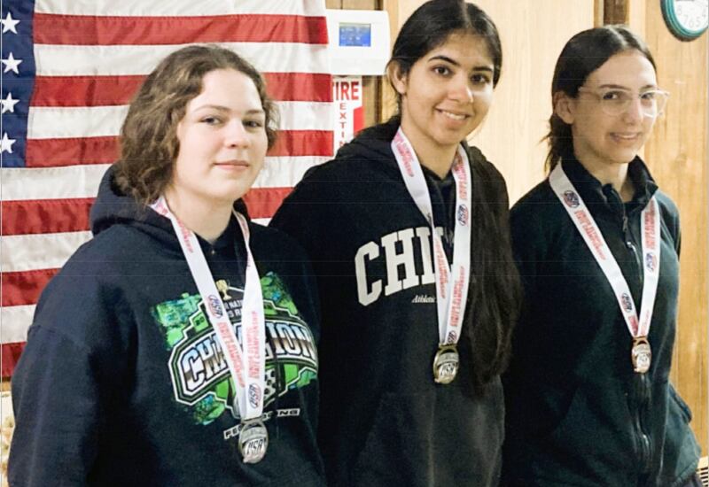 Illinois Junior Olympic qualifiers in air pistol are (from left) Ashlyn Goers, second place; Saanvi Singh, first place; Vitaliana Zabiega, third place.