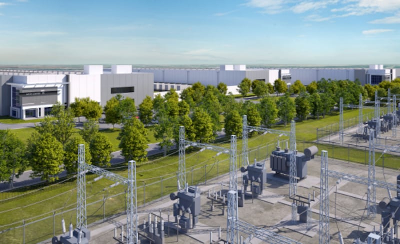A digital rendering of the proposed 540-acre Project Steel data center campus in Yorkville, which if approved will feature 18 two-story data center warehouses and 3 electrical substations.