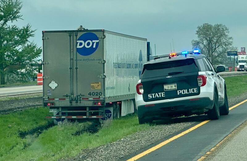 A semi truck left the roadway and ended up in the median of Interstate 80 going eastbound near mile marker 74 on Thursday, May 1, 2025 in Peru. Illinois State Police and Illinois Department of Transportation were called to the scene just after noon on Thursday.