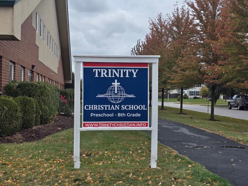 The sign for Trinity Christian School is seen Sunday, October 19, 2025, in Shorewood.