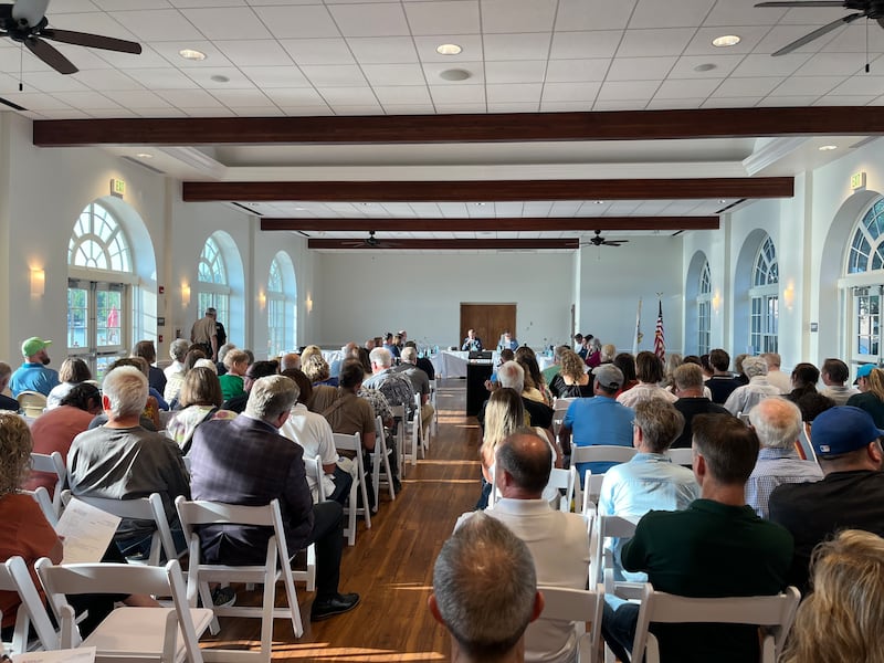 Residents pack the Crystal Lake Main Beach Pavilion during the July 21, 2025 Crystal Lake Park District board meeting.