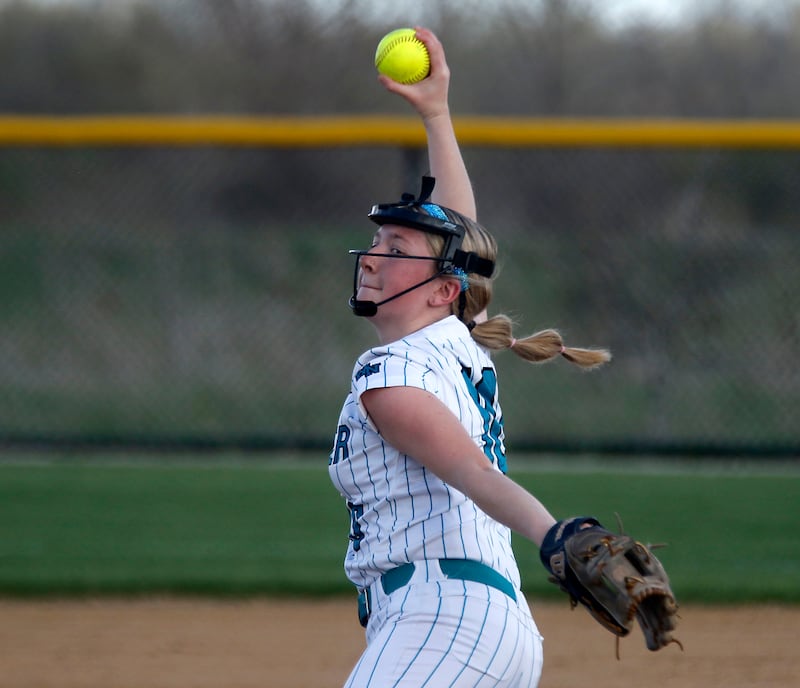 Woodstock North's Makayla Nordahl throws a pitch during a Kishwaukee River Conference softball game against Richmond-Burton on Thursday, April 16, 2026, at Woodstock North High School.
