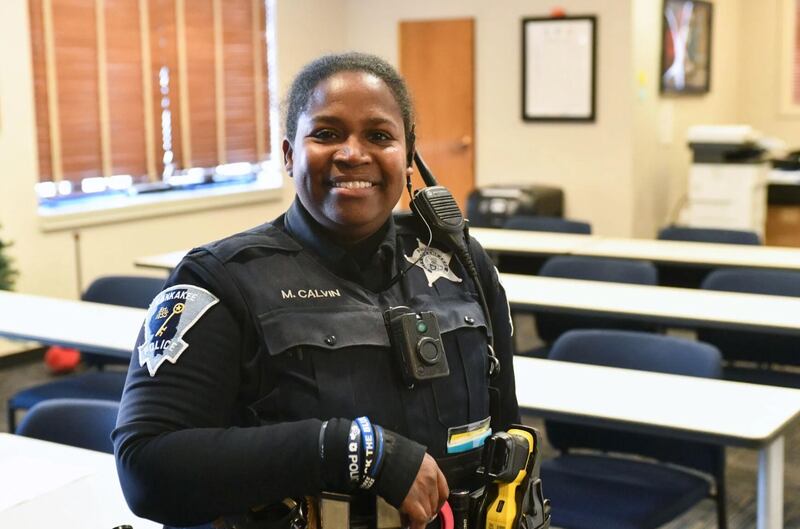 Kankakee Police Officer Melvina Calvin-Edwards stands in the squad room Wednesday at the department. Calvin-Edwards will officially become the department’s first Black woman to achieve the rank of sergeant.