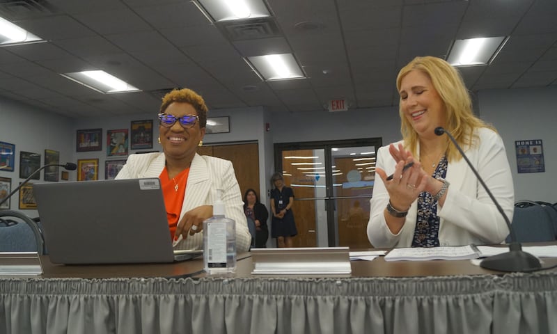 Ronda Dawson (left), executive director of teaching and learning at the Illinois State Board of Education, and Kirsten Parr, director of standards and instruction, present the final draft of the Illinois Comprehensive Numeracy Plan during the board’s regular monthly meeting Wednesday, June 10, in Springfield.