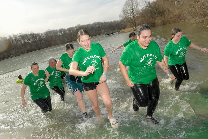 Team “Hope Floats” take part in the Law Enforcement Torch Run Polar Plunge for Special Olympics Illinois Athletes at Silver Springs State Park on Sunday, Mar 1, 2026 in Yorkville.