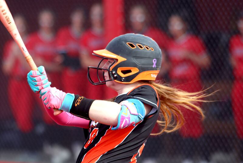 DeKalb’s Cassidy Cavazos connects on a fly out against Huntley in IHSA Class 4A Sectional Semifinal softball action at Barrington High School in Barrington on Wednesday, June 4, 2025.