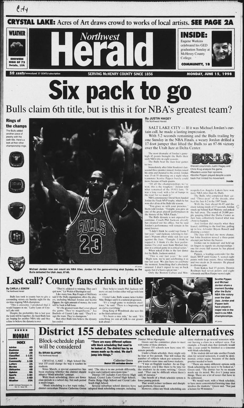 The cover of the Northwest Herald for June 15, 1998