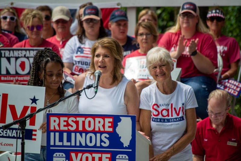 Kathy Salvi speaks to supporters at the 2022 Illinois State Fair in Springfield as a candidate for U.S. Senate. Salvi was elected chair of the Illinois Republican Party in 2024.