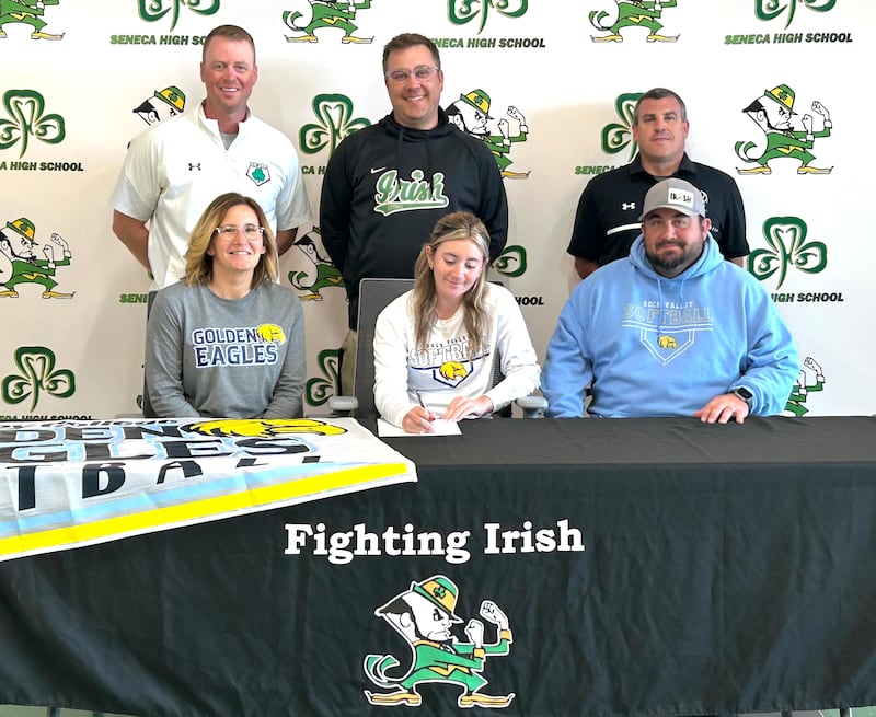 Recent Seneca graduate Alyssa Zellers has chosen to continue her education at Rock Valley College in Rockford and her softball career at the NJCAA Division II level with the Golden Eagles. Pictured at her signing ceremony are (left to right): seated – Amy Zellers, Alyssa Zellers, Colby Zellers; standing – Noah Champene, Brian Holman, Ted O'Boyle.