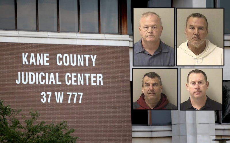 Illinois State Police took into custody former Campton Hills police chief Steven Millar (top left), a current officer, Douglas Kucik (bottom right), 42, and two former officers, Scott Coryell (bottom left), 57, and Daniel Hatt, 65 (top right), Thursday, Oct. 16, 2025. The men were charged with felonies after police alleged they illegally sold guns out of the department's evidence locker. (Inset photos provided by Kane County Sheriff's Office)