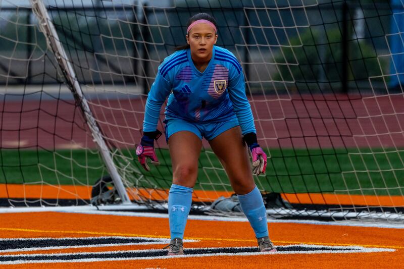 Joliet West's Kaleigh Blatti protects the goal against Homewood-Flossmoor during the girls soccer regional semifinal at Lincoln-Way West on May 20, 2025.