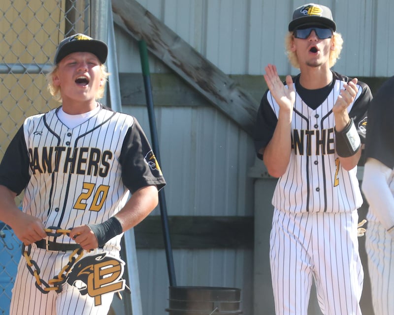 Putnam County's Traxton Mattingly and Jacob Furar react after teammates score a run during the Class 1A Sectional semifinal game on Wednesday, June 3, 2026 at Putnam County High School.
