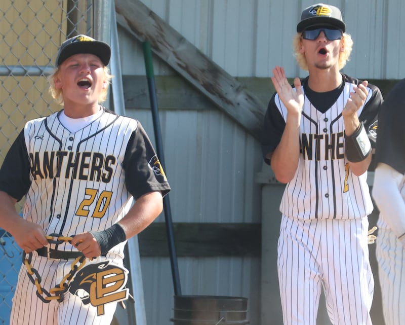 Putnam County's Traxton Mattingly and Jacob Furar react after teammates score a run during the Class 1A Sectional semifinal game on Wednesday, June 3, 2026 at Putnam County High School.