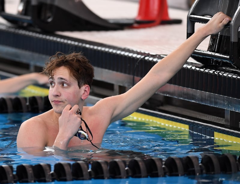 Oswego Coop’s Owen Lippoldt checks his time at the conclusion of the 50-yard freestyle during the boys state swimming and diving finals at the FMC Natatorium on Saturday, Feb. 28, 2026 in Westmont.