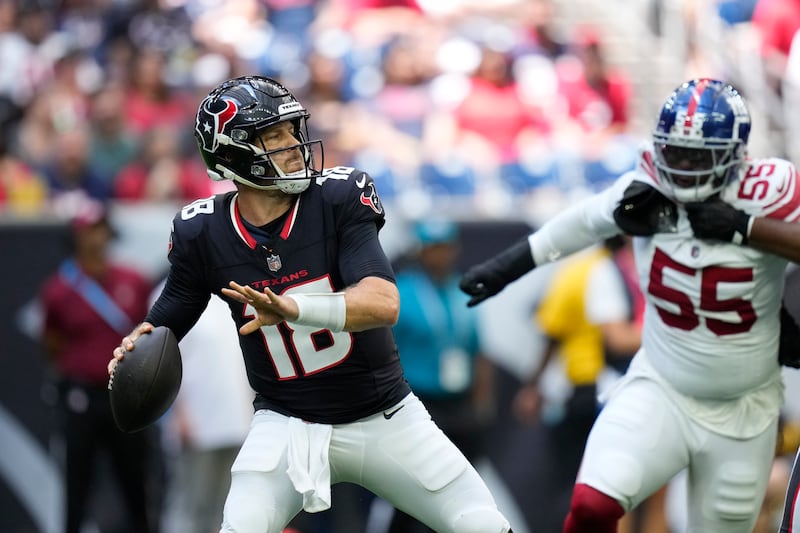 Houston Texans quarterback Case Keenum (18) throws against the New York Giants during an NFL preseason football game Saturday, Aug. 17, 2024, in Houston. (AP Photo/Eric Gay)