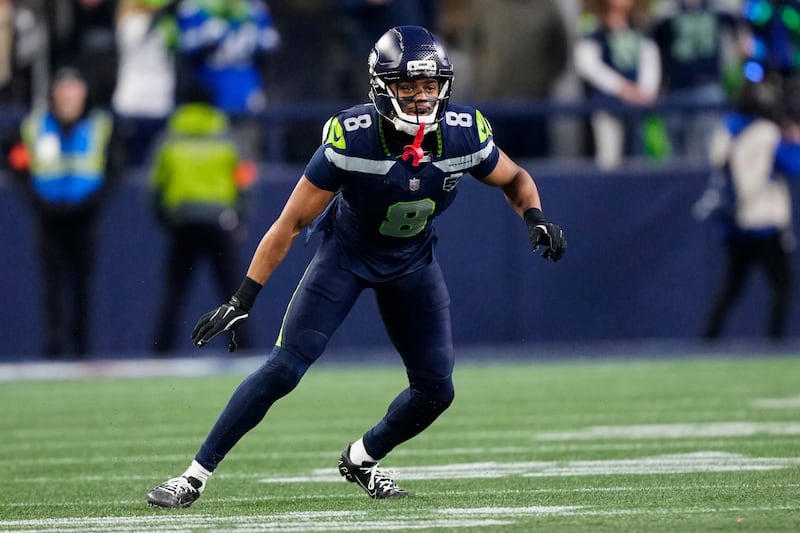 Seattle Seahawks safety Coby Bryant (8) gets set during the NFC Championship NFL football game, Sunday, Jan. 25, 2026, in Seattle. (AP Photo/Ben VanHouten)