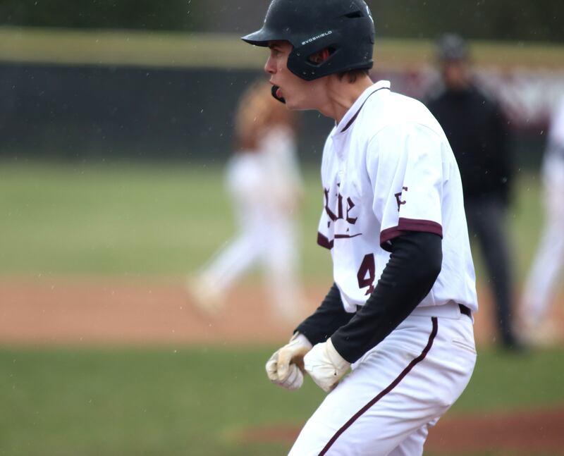 Prairie Ridge’s Karson Stiefer reacts after drawing a walk against Jacobs in varsity baseball on Wednesday, April 9, 2025, at Prairie Ridge High School in Crystal Lake.
