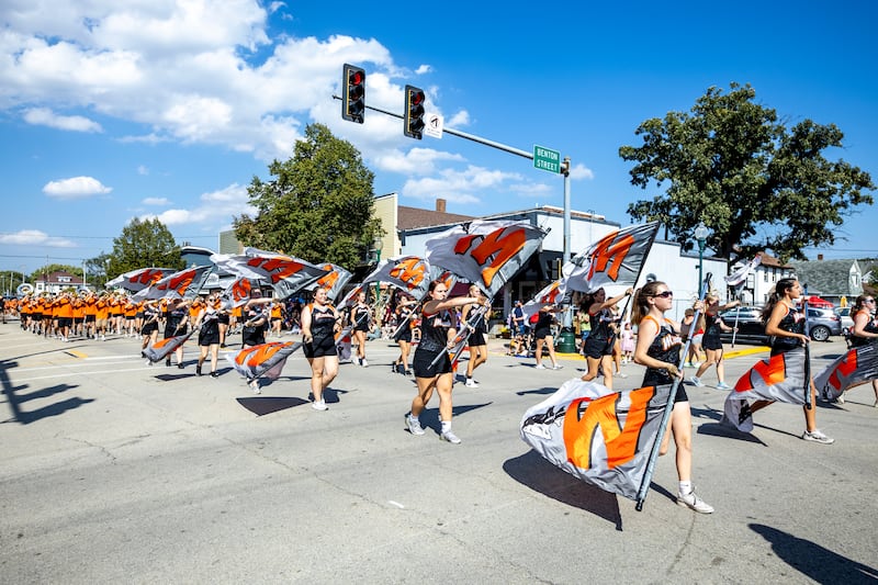 The Minooka Marching Band and Color Guard perform during the Grundy County Corn Festival Parade in Downtown Morris on Sept. 28, 2025.