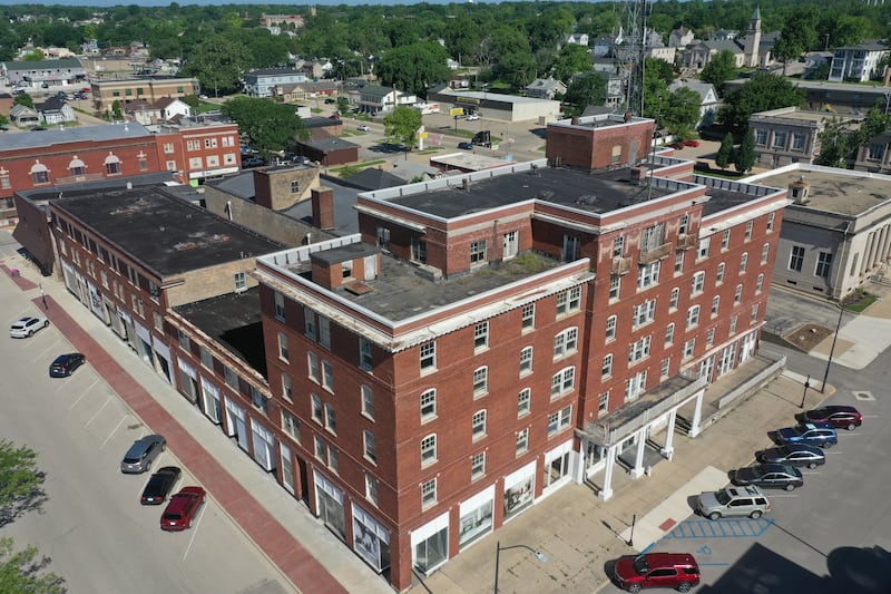An aerial view of the Hotel Kaskaskia on Thursday, June 16, 2022 downtown La Salle. City of La Salle officials obtained a search warrant of the property and toward the facility.