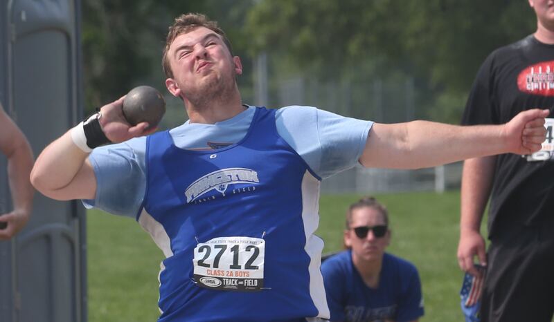 Princeton's Cade Odell competes in the shot put during the IHSA Class 2A Boys Track & Field State Finals on Saturday, May 31, 2025 at Eastern Illinois University in Charleston.
