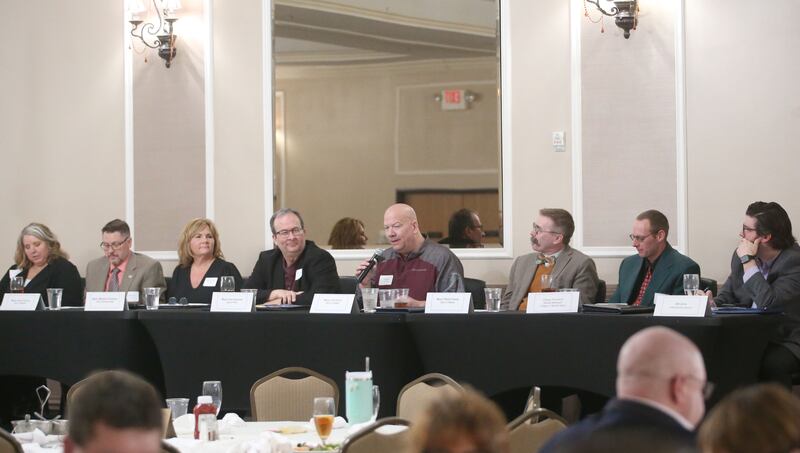 (From left) Annie Short with the City of Mendota, Oglesby mayor Jason Curran, Melanie Thompson, Peru mayor Ken Kolowski, La Salle mayor Jeff Grove, Ottawa mayor Rob Hasty, Utica mayor Dave Stewart and Illinois Valley Chamber of Commerce executive director Bill Zens, gather during the Illinois Valley Chamber of Commerce "State of the Cities" luncheon on Wednesday, March 26, 2025 at Grand Bear Lodge in Utica.