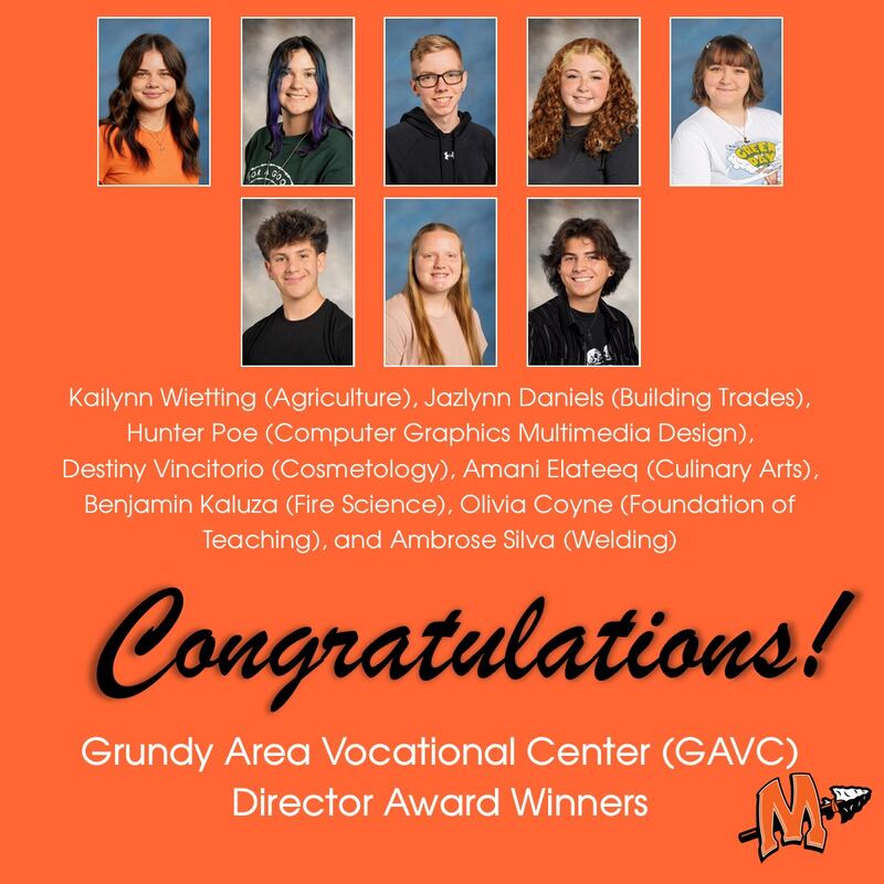 The Grundy Area Vocational Center Director award winners for April from Minooka Community High School.