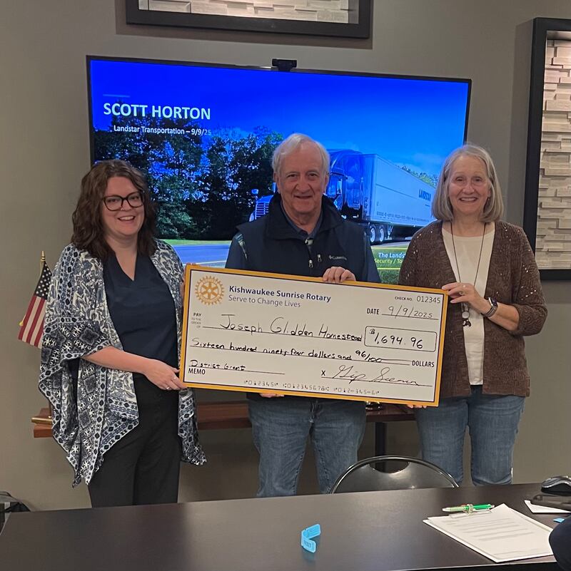 The J.F. Glidden Homestead and Historical Center recently was awarded a grant from the Kishwaukee Sunrise Rotary to create a museum children’s activity area. Pictured (from left): Jessi Haish LaRue, Glidden Homestead Executive Director; Gip Seaver, Kishwaukee Sunrise Rotary President; Terri Dye, Glidden Homestead Board Member, Education Committee