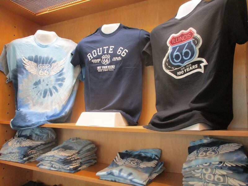 Route 66 T-shirts seen in the gift shop at the Joliet Area Historical Museum in Joliet. May 3, 2025