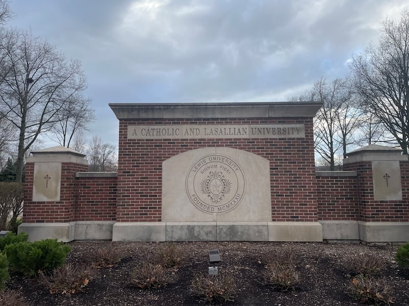 The entrance of Lewis University campus in Romeoville as seen on March 30, 2025.