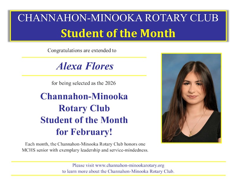 Minooka senior Alexa Flores receives the Channahon-Minooka Rotary Club "Student of the Month" award for February, recognizing her leadership in service-based projects and academics.