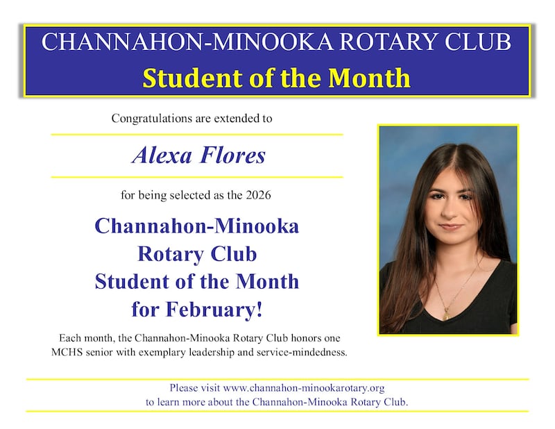 Minooka senior Alexa Flores receives the Channahon-Minooka Rotary Club "Student of the Month" award for February, recognizing her leadership in service-based projects and academics.