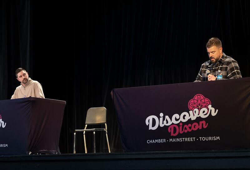 Corey Reuter (left) and Cameron Magne are part of the only local contested race, Dixon Township Highway Commissioner, on April 1. The two candidates spoke during a forum at Dixon High School Tuesday, March 18, 2025.