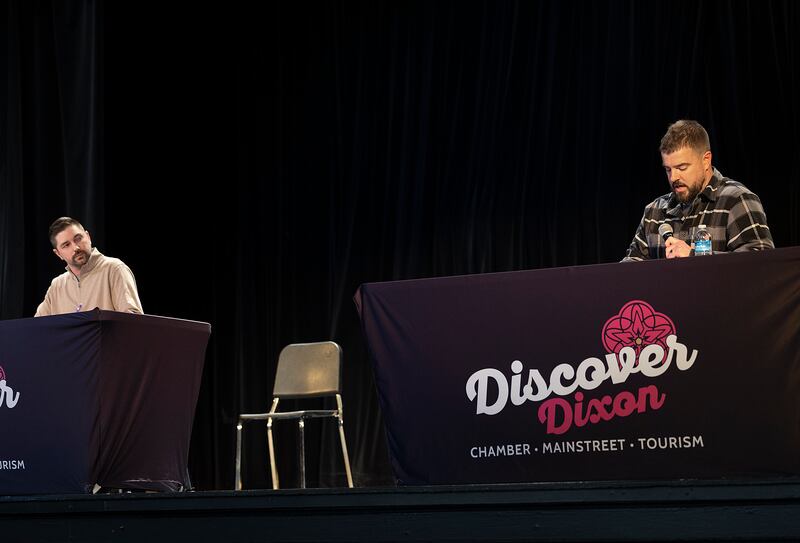 Corey Reuter (left) and Cameron Magne are part of the only local contested race, Dixon Township Highway Commissioner, on April 1. The two candidates spoke during a forum at Dixon High School Tuesday, March 18, 2025.