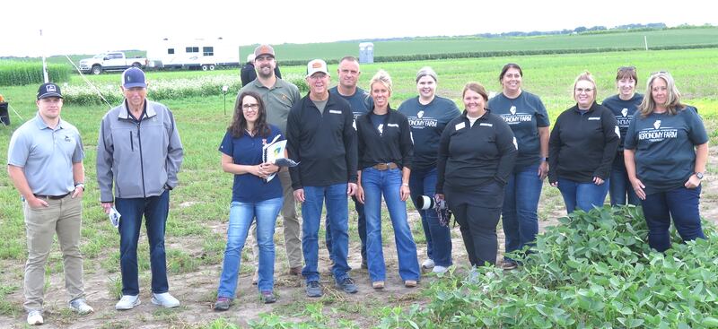 Among the partners highlighting the Illinois Soybean Association’s Agronomy Farm were Hunter Anderson (from left), Pheasants Forever; Dan Schaefer, IFCA; Eliana Monteverde, University of Illinois; Zach Stephenson, Pheasants Forever; Ron Kindred, ISA board; Jim Isermann, agronomist; and ISA agronomy team members Abigail Peterson, Stacy Zuber, Kelsey Litchfield, Deanna Burkhart, Stephanie Porter, Darby Danzl and Connie Copley.