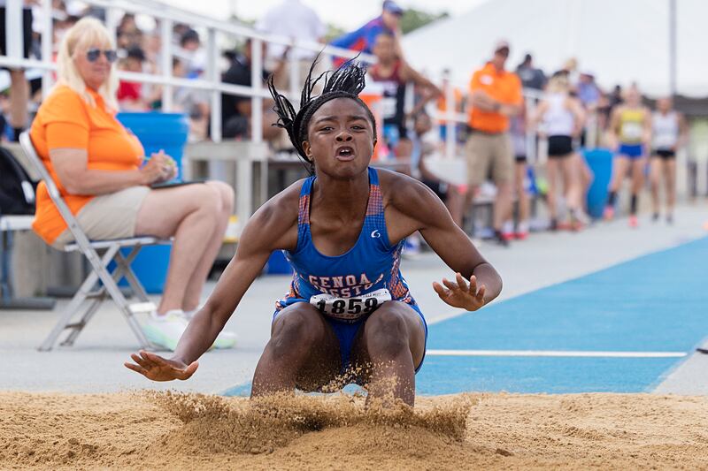 Genoa-Kingston’s Natasha Bianchi lands her jump in the 2A long jump Saturday, May 18, 2024 at the IHSA girls state track meet in Charleston.