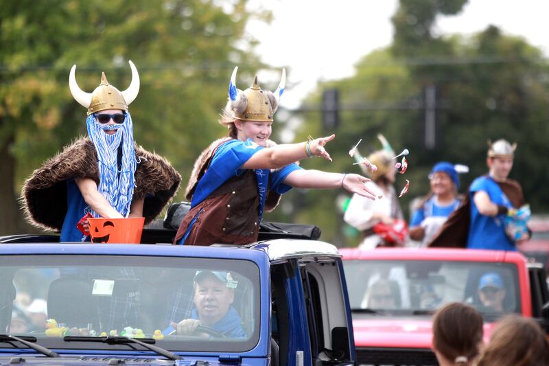Geneva High School students Spencer Pearson and Sophie Peruba are the junior class’ Valiant Vikes on Friday, Sept. 27, 2024 during the school’s annual homecoming parade.