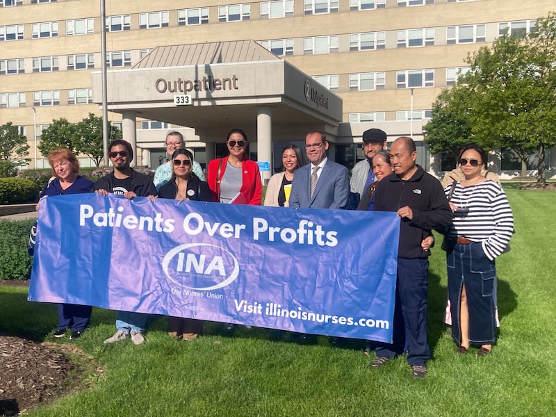 Members of the Illinois Nurses Association held an event opposing Prime Healthcare policies with Aurora Mayor John Laesch and State Senator Karina Villa at St. Joseph Medical Center in Joliet on Monday, May 4, 2026.