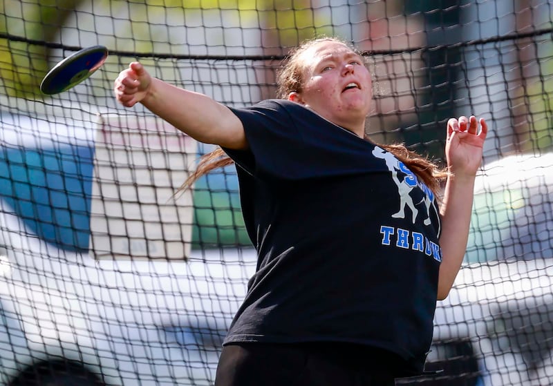 St. Charles North’s Madison Brolsma competes in the discus during the DuKane Conference girls track and field meet Thursday, May 7, 2026 in Geneva.