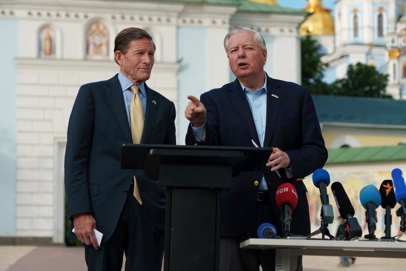 Sen. Lindsey Graham, R-S.C., right, and Sen. Richard Blumenthal, D-Conn., left, speak during a press conference in Kyiv, Ukraine, on Friday, May 30, 2025. (AP Photo/Vasilisa Stepanenko)