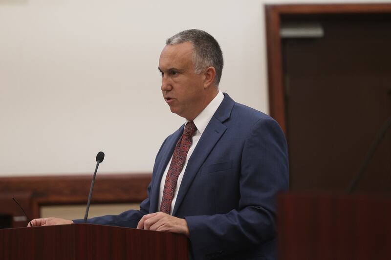 Kendall County State’s Attorney Eric Weis speaks to the judge at a pre-trial hearing for retired Joliet police sergeant Javier Esqueda at the Kendall County courthouse on Tuesday, July 9, 2024 in Yorkville. Esqueda is charged with official misconduct for accessing and leaking the police squad video of the arrest of Eric Lurry, 37, who died following his arrest on drug charges in January 2020.