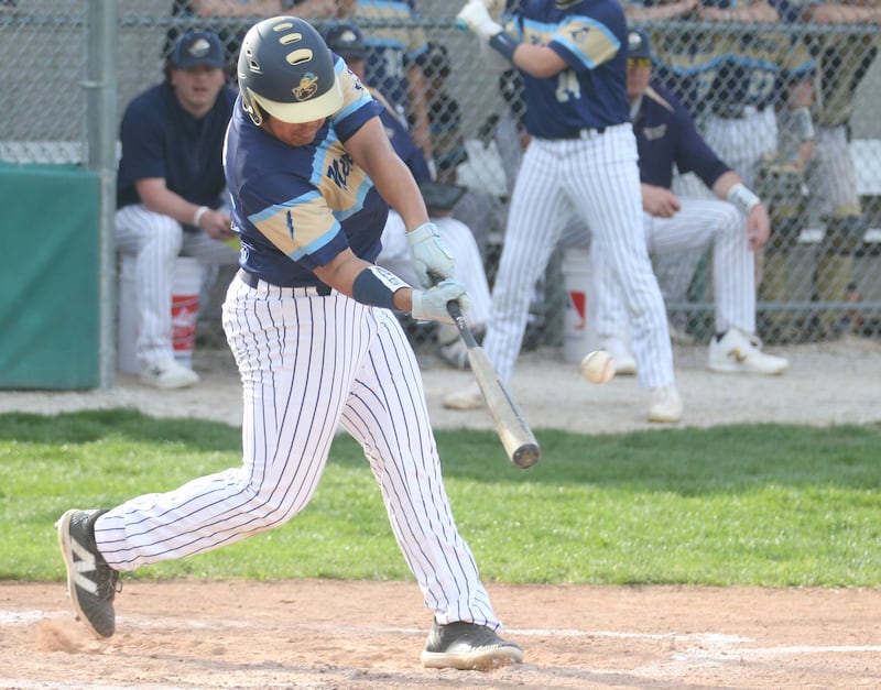 Marquette's Sam Mitre smacks a hit against St. Bede on Thursday, April 24, 2025 at St. Bede Academy.