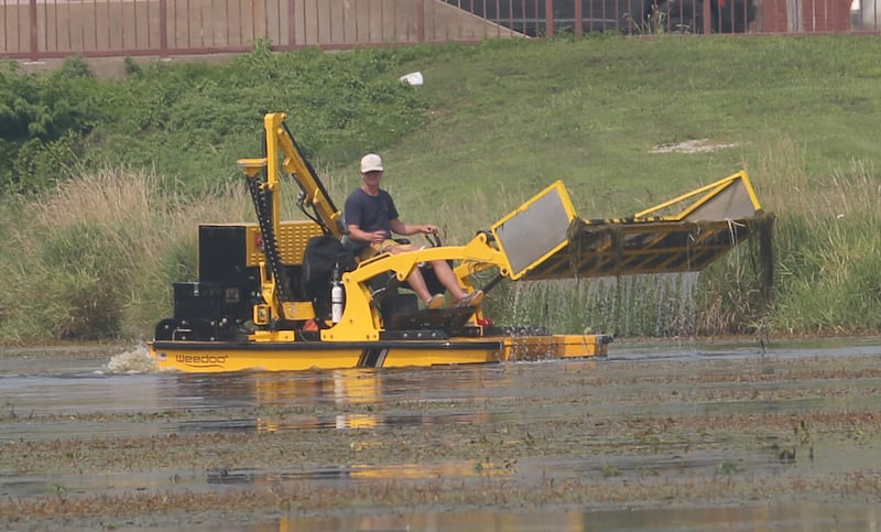 A Weedoo aquatic weed harvester machine removes algae from the Illinois & Michigan Canal on Friday, Aug. 1, 2025 in Ottawa.